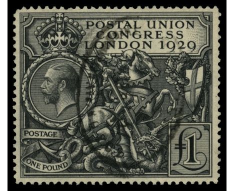 1929 Ninth Postal Union Congress £1 black (SG 438), used by light 'rubber' registered oval ds which leaves portrait largely c