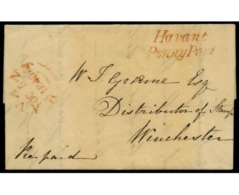 1840 Uniform Penny Post: Fine entire from Havant to Winchester bearing a fine strike in red of the distinctive 'Havant/Penny 