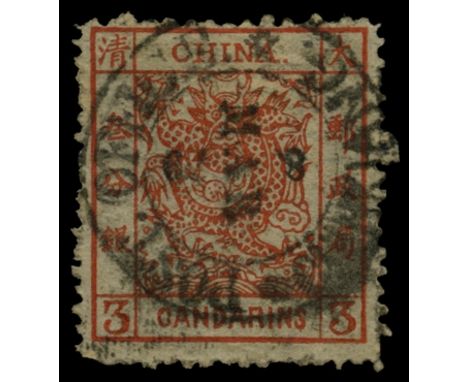1878 3ca brown-red on thin paper, 2½mm spacing (SG 2), used by almost complete 'POST OFFICE/CHINKIANG' cds for 8 MAR 79, a li