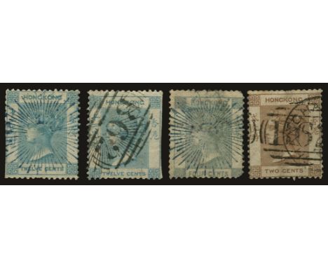 Hong Kong used in: Shanghai, 1862-63 12c greenish blue, no watermark, two examples with fine 'sunburst' cancels, one in blue,