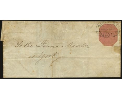 1857 3d rose (SG 4), tied to part letter sheet to York by oval 'POST OFFICE P.M.BURG cancel, the adhesive cut to shape and sm