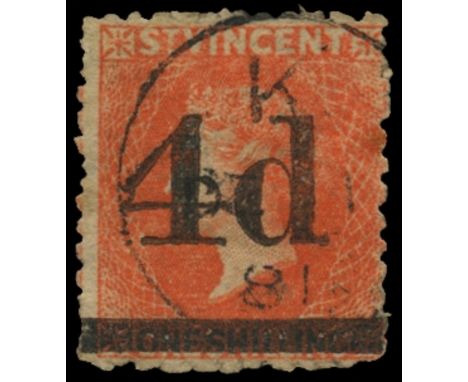 1881 4d on 1s bright vermilion (SG 35), the colour a little pale still nicely used by Kingstown 'K' cds for De 1 81, RPS cert