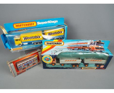 Matchbox, Dinky - Three boxed diecast vehicles. Lot consists of Dinky 297 Silver Jubilee Atlantean Bus; Matchbox Super Kings 