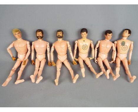 Palitoy - Six unboxed and naked vintage 'Action Man' figures by Palitoy. All figures are flocked hair versions, two bearded; 