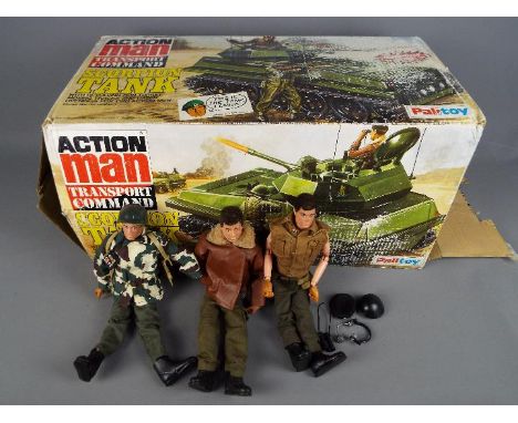 Palitoy - Three unboxed vintage 'Action Man' figures with a boxed Palitoy 'Action Man' Scorpion Tank. The figures have flock 