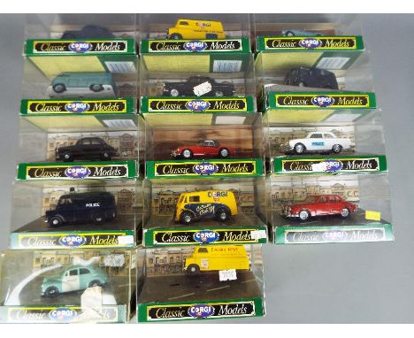 Corgi - 14 boxed diecast Corgi Classic vehicles. Lot includes D710 Ford Zephyr Saloon; D700 Jaguar MKII; D734 Austin Healey 3