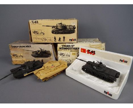 Polistil - Three boxed diecast model Tanks by Polistil Lot contains Cheiftain MK3; Tiger Konigstiger; and Russian T62. Models