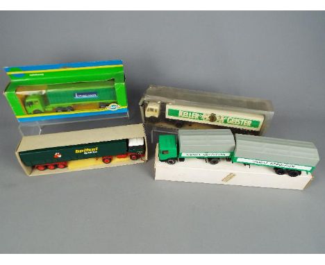 NZG, Gama, Conrad - Four boxed European made diecast model trucks. Lot consists of NZG 187 Mercededs Articulated Truck - Kell