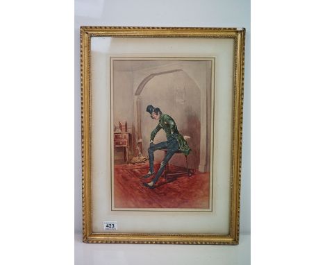 T Johnson watercolour with gum arabic, portrait of a Dickensian gentleman in an interior, signed and dated 