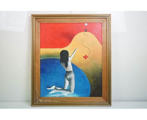 Oil on canvas, a surrealist portrait of a kneeling female making a symbolic gesture 
