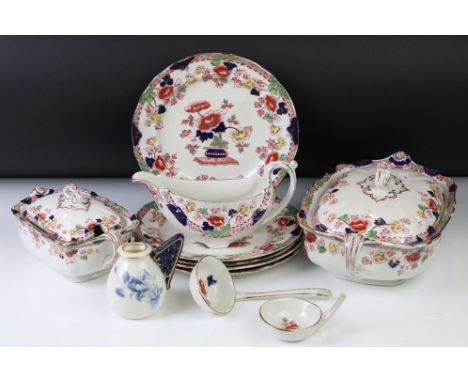 19th century Staffordshire Pottery Dinner Service including Two Lidded Tureens, Eight Graduating Serving Plates, Twelve Side 