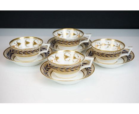 Set of four early 19th century Crown Derby teacups &amp; saucers, with blue and gilt foliate decoration, pattern 726 (cup dia
