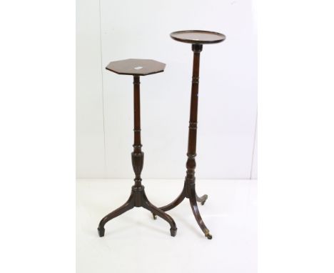 George III style mahogany torchere with an octagonal top, height approx. 93cm, another with a circular dished top &amp; a car