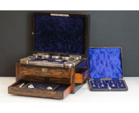 A Coromandel travelling fitted vanity case complete with contents to include jars, button hook, miniature mirror...etc. and a