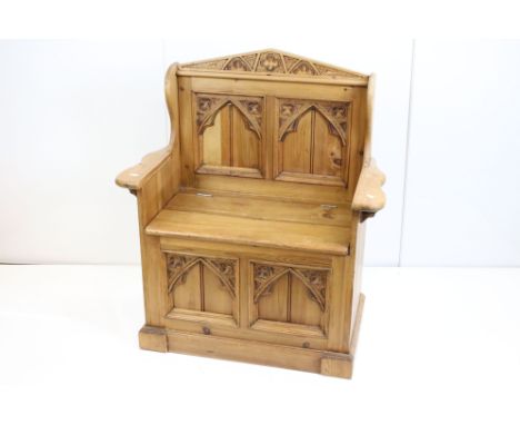 Gothic style Pine Hall Bench with hinged lid to seat, 84cm long x 96cm high 