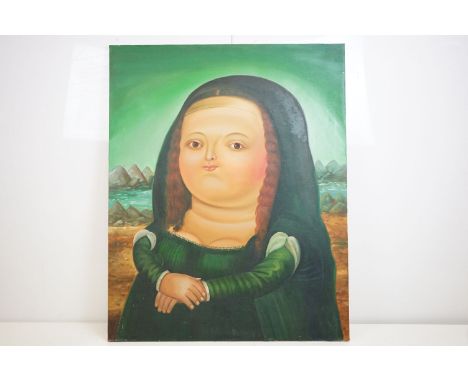 After Fernando Botero, Large Oil on Canvas Humorous Portrait of the Mona Lisa, 79.5 x 99.5cm 