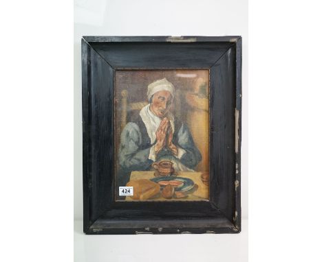 Ebonized framed oil painting portrait of a Flemish man at his devotions, 35 x 25cm 