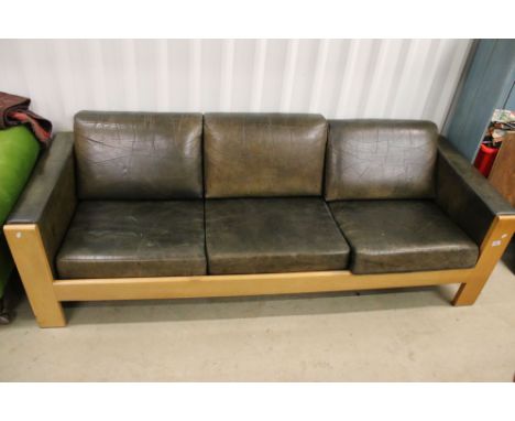 Terence Conran for Dancer Hearne Three Seater Settee / Sofa with dark leather covered cushions and beechwood frame, label to 