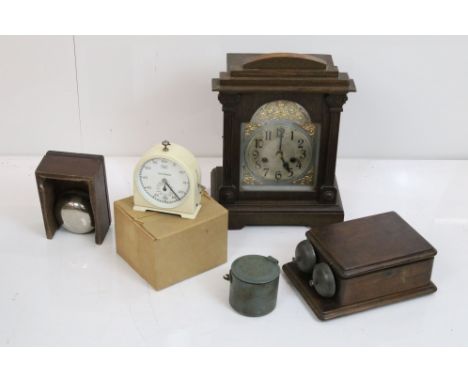 Late Victorian Oak Bracket Clock together with Gas Light Timer and Two Oak Cased Alarm Bells 