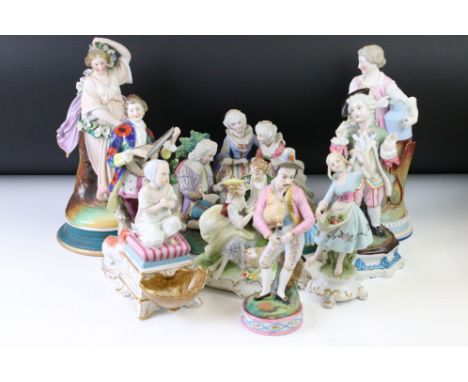 Nine Continental porcelain figures &amp; figure groups of classical form, featuring a late 19th / early 20th century figure o