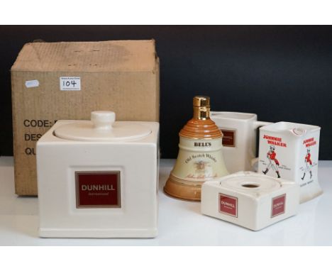 Advertising - A Dunhill International ceramic ice bucket, water jug &amp; ashtray, together with a Wade Johnnie Walker water 