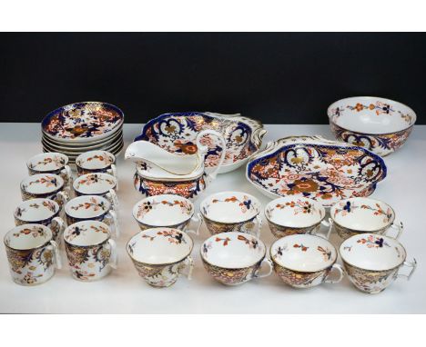 Collection of 19th century Royal Crown Derby ware decorated in the Imari palette comprising: two scalloped shaped dishes, bow