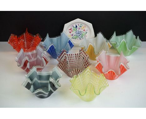 Nine retro 20th century glass handkerchief vases, in varying colours with printed geometric designs, featuring a Chance Glass
