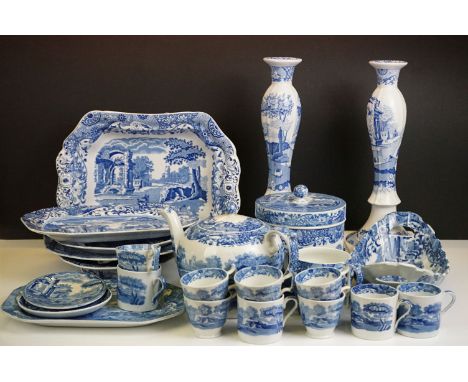 Collection of Spode / Copeland Spode Italian pattern blue &amp; white ceramics to include a teapot &amp; cover, 6 coffee cups