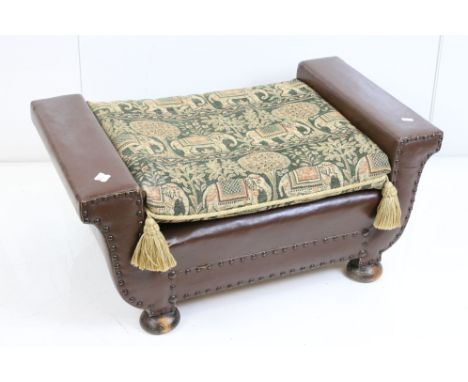 1940's Studded Brown Leather Covered Low Stool or Dog's Bed with cushion seat, 80cm long x 46cm deep x 35cm high 