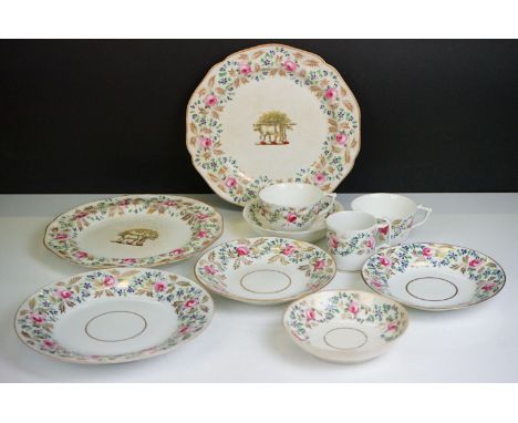 Group of early 19th century Crown Derby tea &amp; dinner ware, with polychrome &amp; gilt hand painted floral decoration,, to