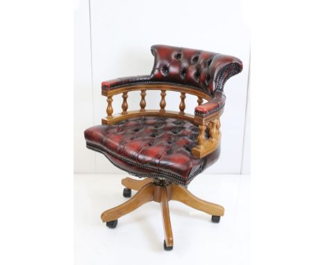 Victorian style Red Button Leather Swivel Office Elbow Chair, 65cm wide 