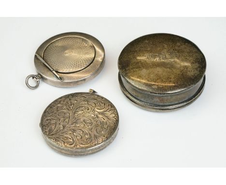 A fully hallmarked sterling silver powder compact and pill box together with a white metal powder compact. 