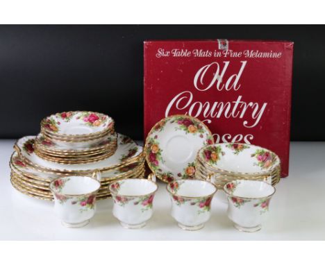 Royal Albert ' Old Country Roses ' tea &amp; dinner ware to include 6 dinner plates, 6 soup bowls, 4 teacups &amp; saucers, 6