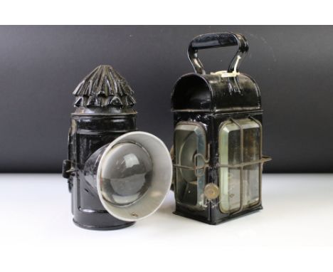 Early-to-mid 20th century Joyce &amp; Son bicycle lamp (18cm high), plus a railway / carriage hand lantern with bevelled glas