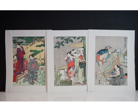Group of three signed Japanese woodblock prints of traditional portrait studies, each 26 x 17cm 