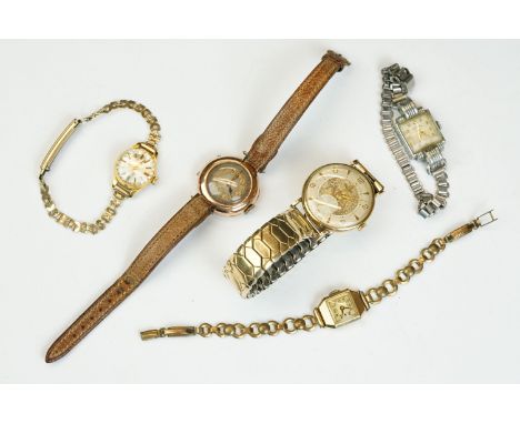 A gents 9ct gold cased Rotary wristwatch together with two ladies gold cased watches and another. 