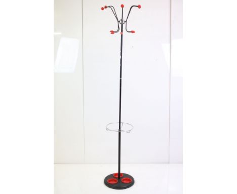 Mid century Retro and Red Atomic style Cloak Stand with Red Plastic Hooks, 168cm high 