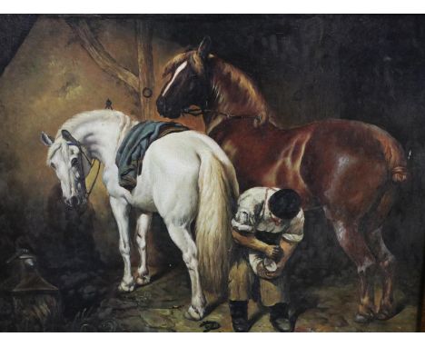 In the manner of Edwin Landseer (1802-1873): oleograph, Two Horses with Farrier, 39 x 29 cm. Not available for in-house P&amp