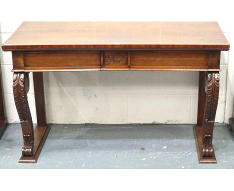 A 19th century walnut two drawer console with carved supports, 130 x 60 x 75 cm H. Not available for in-house P&amp;P, contac