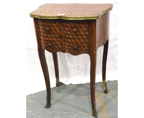 A 19th/20th century parquetry inlaid Kingwood lamp table with two shaped drawers, brass mounts and foot caps, some losses to 