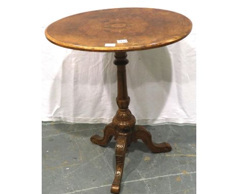 A late 19th century inlaid walnut lamp table, with restored oval top and carved tripod support H: 62 x 45 x 73 cm. Not availa