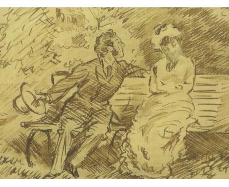 Charles Samuel Keane (1823-1891); sketch with watercolour wash, courting couple, H: 18 x 11 cm. Not available for in-house P&