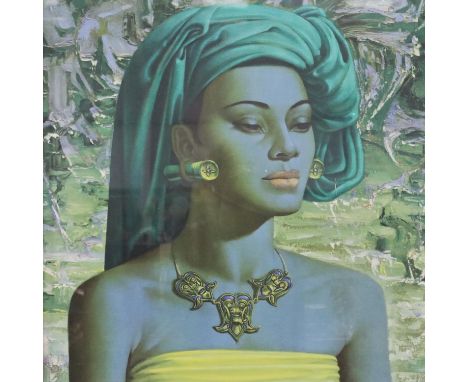 Vladimir Tretchikoff (1913-2006): green tint colour lithograph, Balinese girl, 50 x 60 cm. Appears to be in its original fram