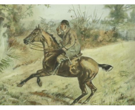 19th century colour lithograph, lone huntsman, 59 x 41 cm. Not available for in-house P&amp;P, contact Paul O'Hea at Mailboxe