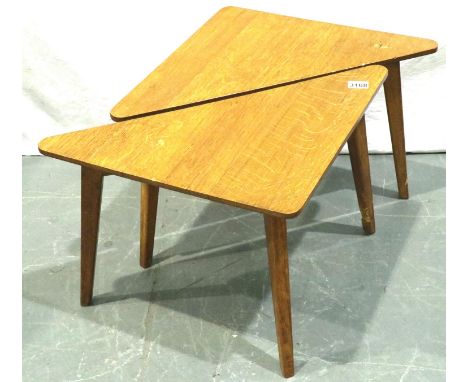 E Gomme for G-Plan: a pair of mid 20th century golden oak triangular lamp tables, each 50 x 50 x 40 cm H. Not available for i