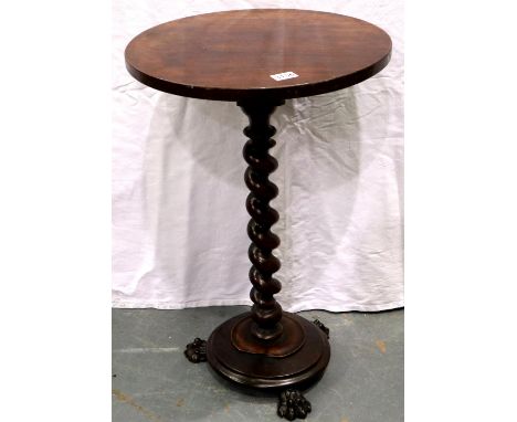 An early 19th century mahogany lamp table, with circular top and twist column support, D: 47 cm H: 75 cm. Not available for i