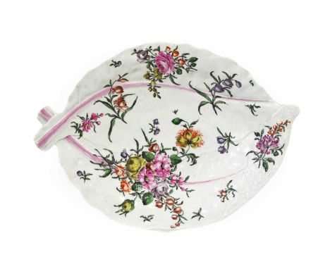 A Worcester Porcelain Leaf-Shape Dish, circa 1770, modelled as two overlapping leaves, painted with sprays of flowers and wit