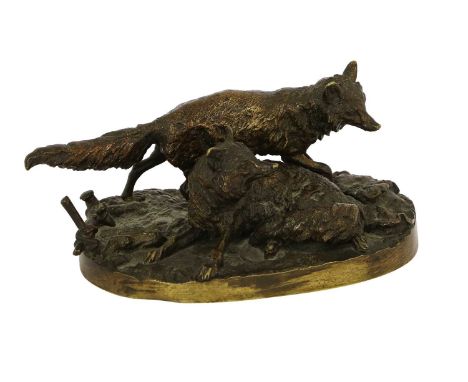After Pierre-Jules Mêne (1810-1879): A Bronze Group of Two Foxes, on an oval mound base, signed PJ MENE19cm longGeneral wear 
