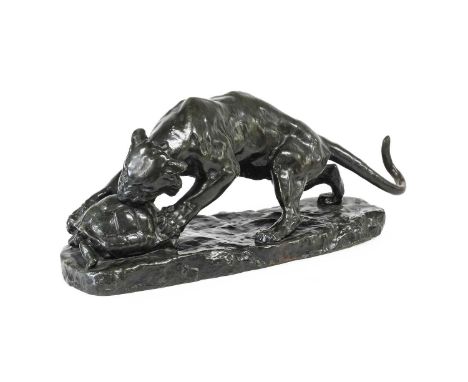 After Georges Gardet (1863-1939): A Bronze Group of a Tiger Attacking a Turtle, on a mound base, signed GEORGES GARDET and st