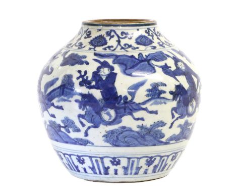 A Chinese Porcelain Jar, late 16th/early 17th century, of baluster form, painted in underglaze blue with a continuous scene o